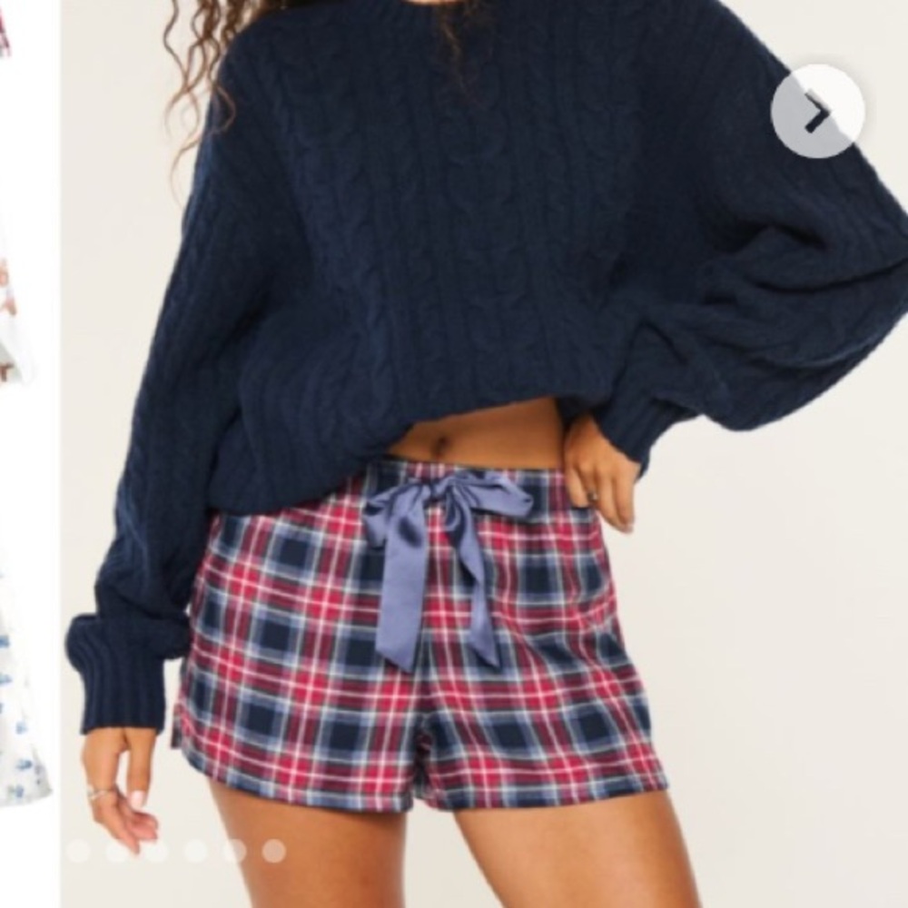 Navy Cable Knit Sweater and Plaid Shorts Set